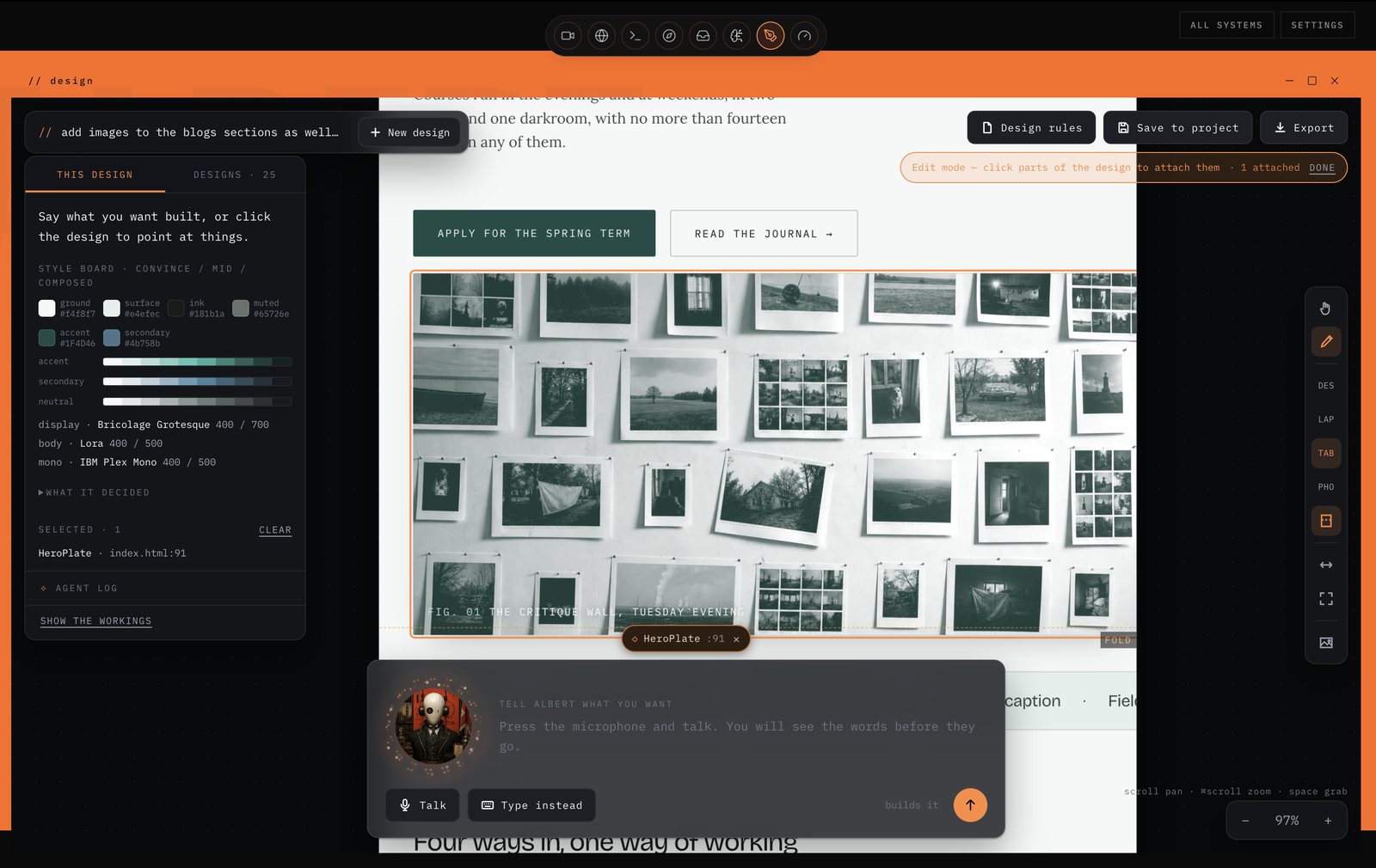 Albert's design studio mid-edit on the Fieldnote Academy page: the style board on the left, the built page on the right