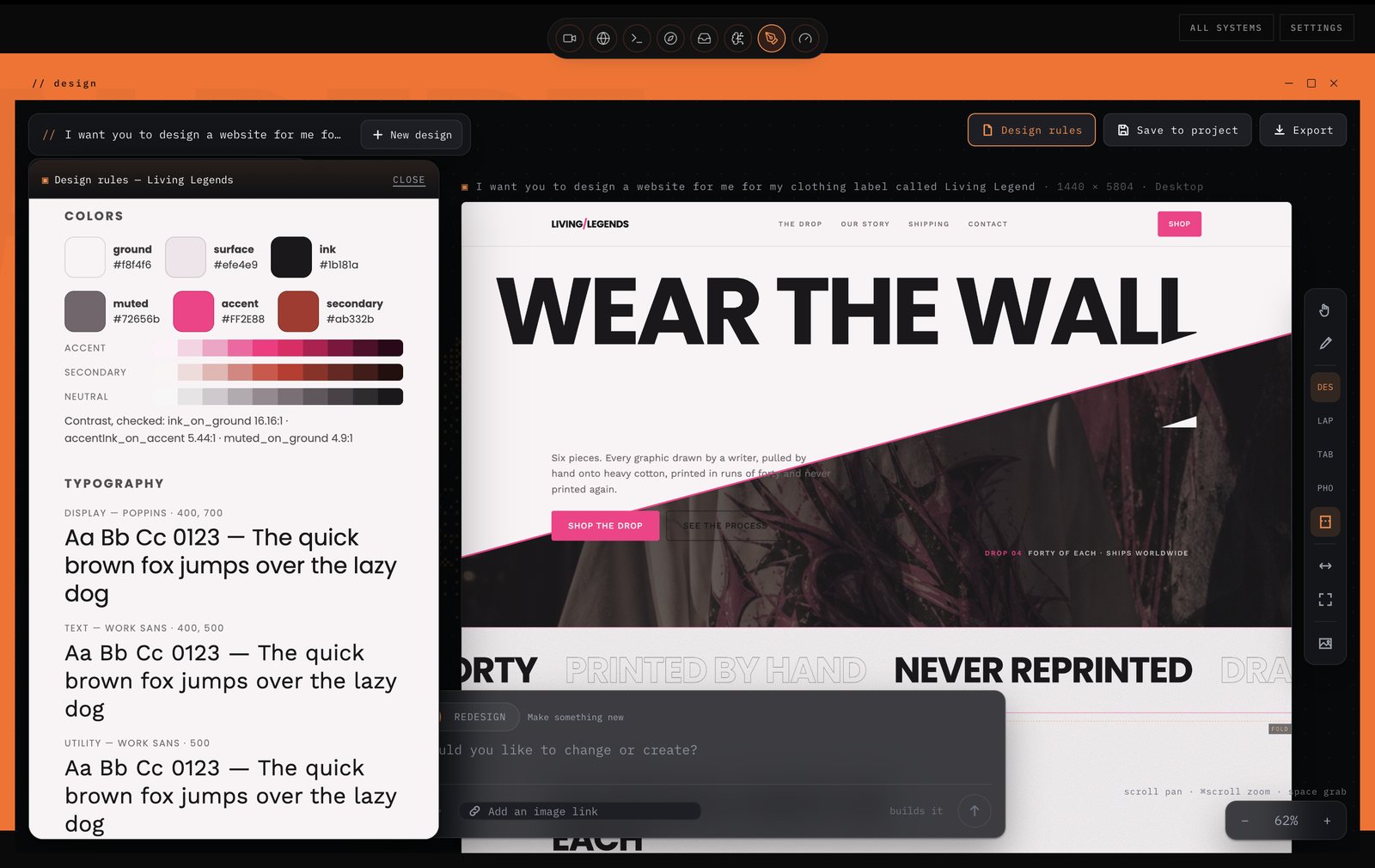 Albert's design studio: the design rules for Living Legends beside the page — WEAR THE WALL above a hot-pink seam