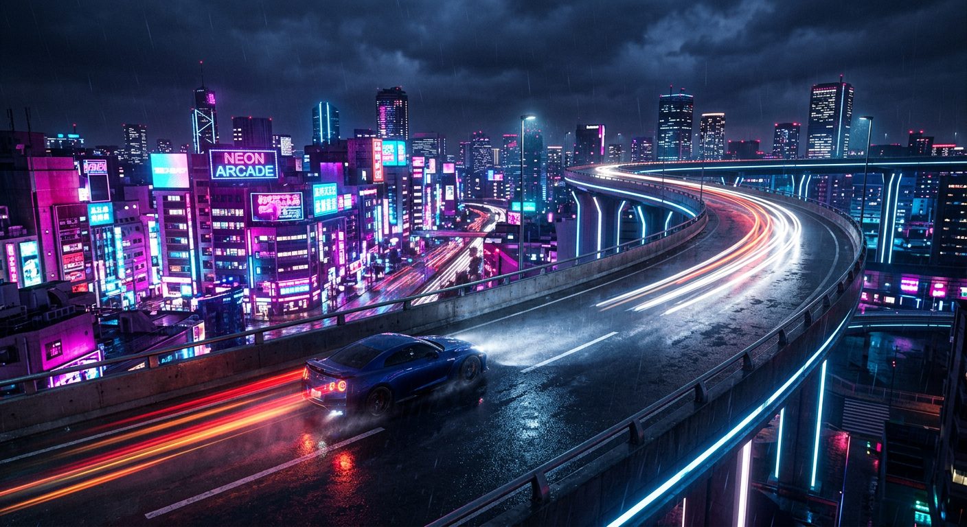 A car on an elevated highway above the glowing city, light trails behind it