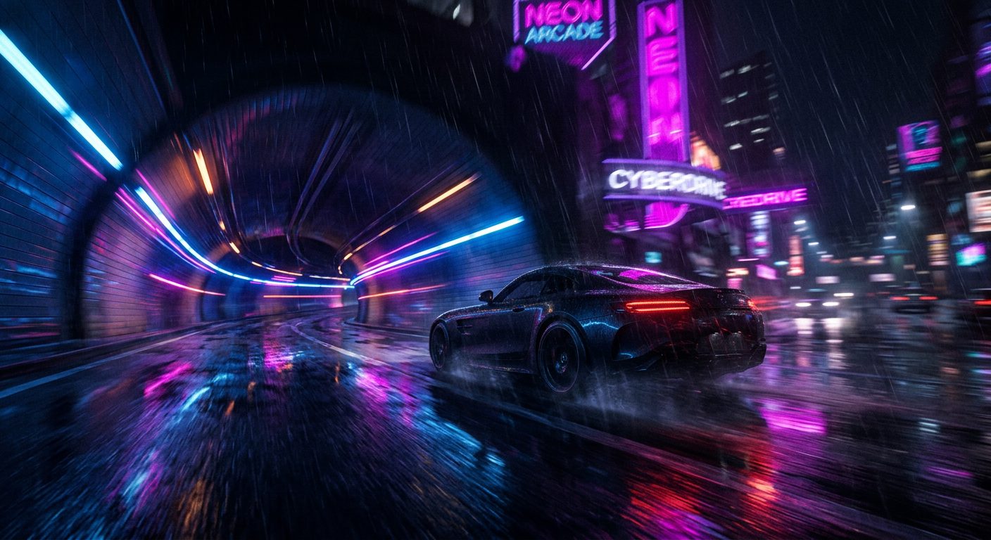 A car exits a tunnel into the rain, tunnel lights streaking into lines