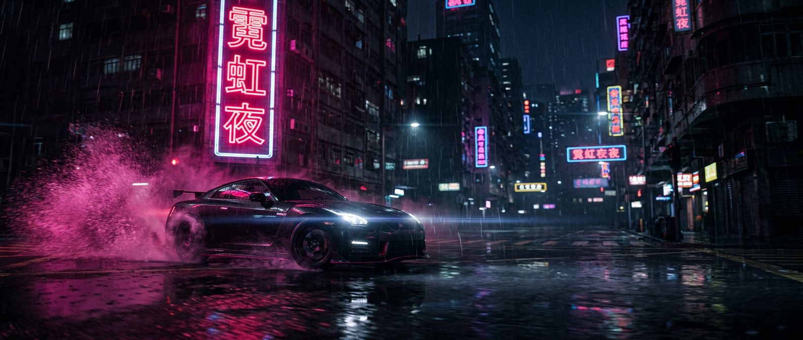 Trailer still: a car drifts sideways through a flooded neon intersection, spray lit magenta by a sign overhead