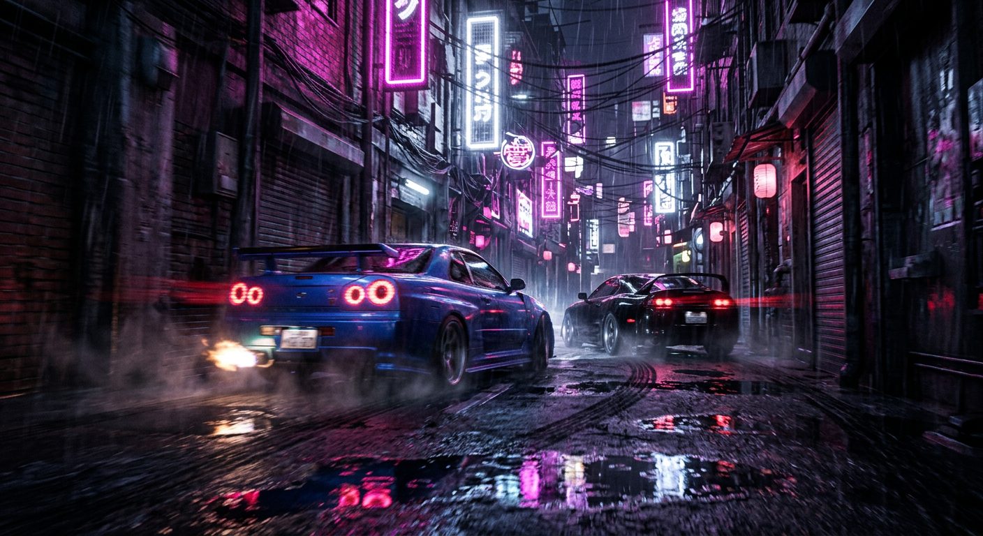 Two cars race through a narrow wet alley under tangled neon signs